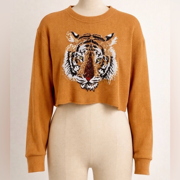 Sparkle City Tops - Revolve Sparkle City Sequin Tiger Applique Crewneck waffle Sweater Mustard XS